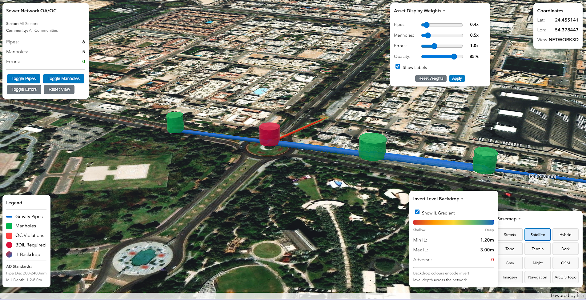 3D sewer network visualization over Abu Dhabi satellite imagery with invert level gradient and asset weighting